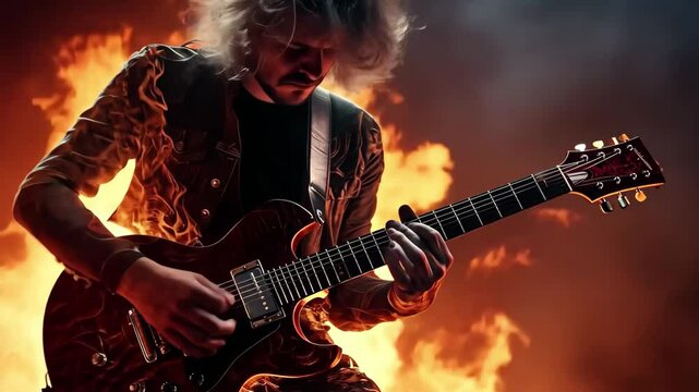 Rock guitarist performs passionately amidst flames during an electrifying stage show, Rock Guitarist Playing In Fire