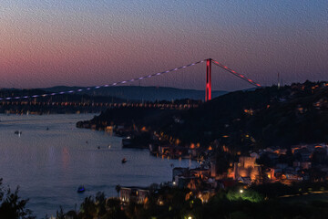 illustrative city scape of Bosphorus and fatih sultan mehmet bridge, illustration