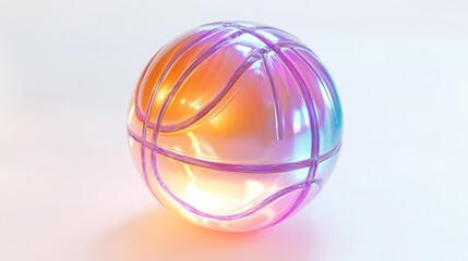 Iridescent basketball with a futuristic aesthetic and vibrant rainbow hues on a white surface