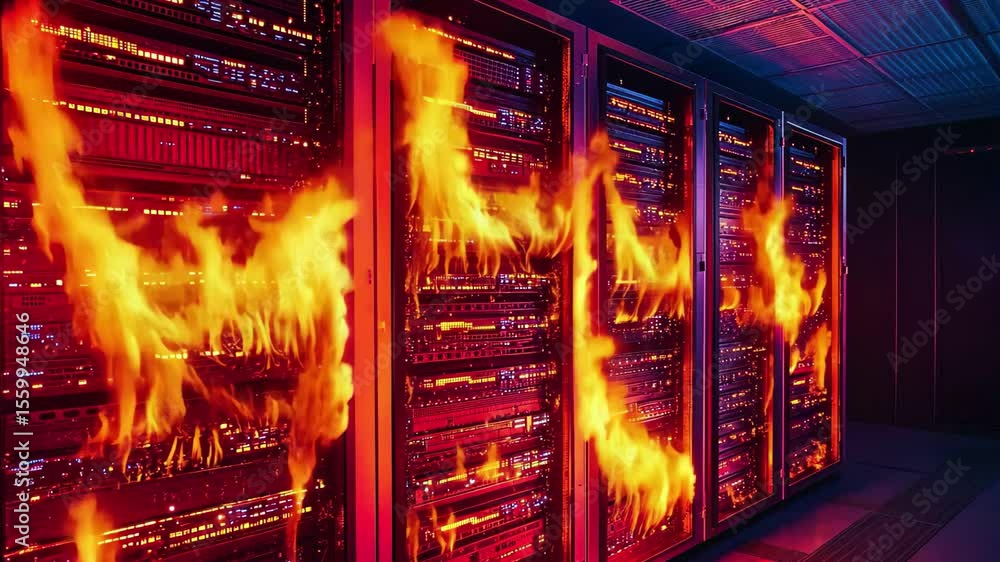 Poster server rack engulfed in flames causing catastrophic data loss in a data center environment, server r