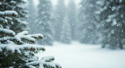 Snowfall Scene with Pine Tree Branches in a Winter Forest Landscape