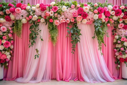 A vibrant pink and white floral arrangement decorates a wedding backdrop with sheer curtains