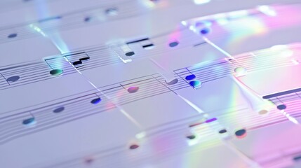 Musical notes illuminated with prism light reflecting across the page subtly