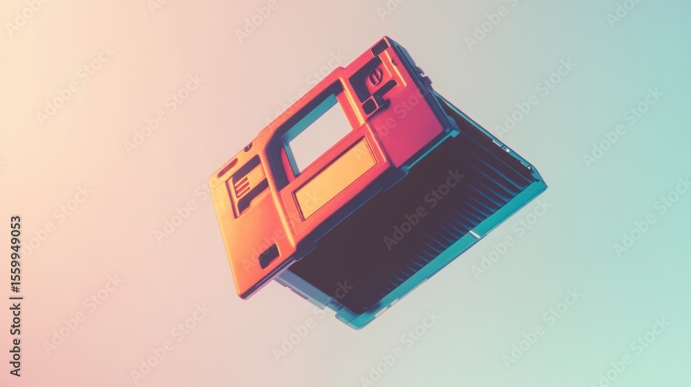 Poster retro technology render: abstract computer hardware component floating in colorful space