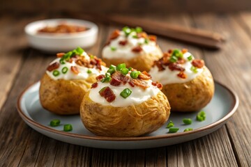 Delicious Air Fryer Baked Potatoes with Sour Cream, Chives, and Bacon Bits on Rustic Wooden Table