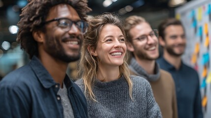 Obraz premium Diverse team looks upward