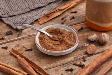 Classic spice mix for pumpkin spice latte – a cozy blend of cinnamon, nutmeg, ginger and cloves, perfect for vegan autumn drinks or seasonal baking.