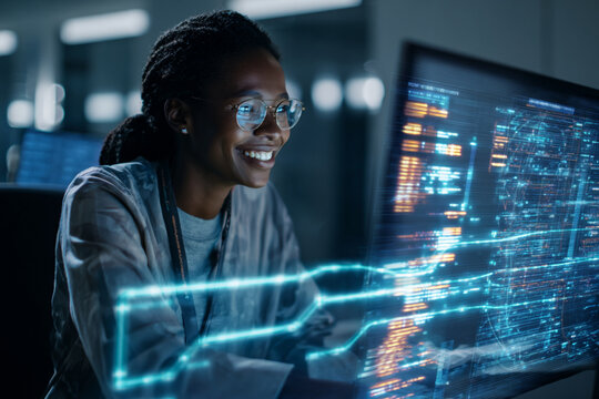 young african woman using a computer while using a tech presentation analysis