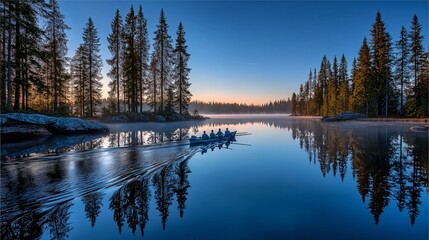 Serene Lake Rowing: A picturesque scene unfolds on a tranquil lake, where a rowing team glides gracefully across the calm waters under a soft, early morning glow.