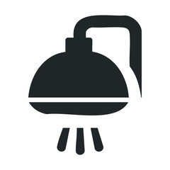 Obraz premium Minimalist black showerhead icon with water droplets on white background.