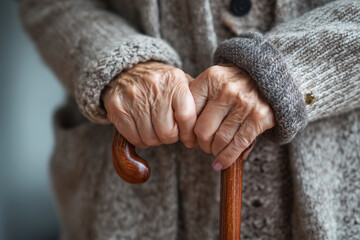 A person with a cane is holding it in their hands