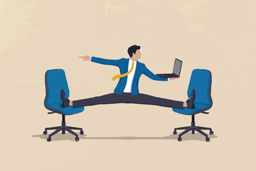 Man doing the splits between two office chairs holding a laptop isolated on transparent background