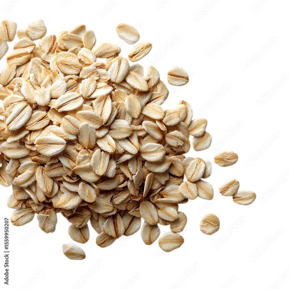 Poster a generous pile of rolled oats scattered across a black background with a transparent background iso