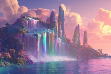 Tranquil paradise: pastel tropical island with waterfalls for dreamy scenic design