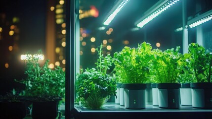 High tech urban garden with led lights for modern sustainable living