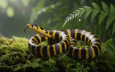 Naklejka premium Striking Yellow-Banded Snake with Tongue Out, Resting on Mossy Ground
