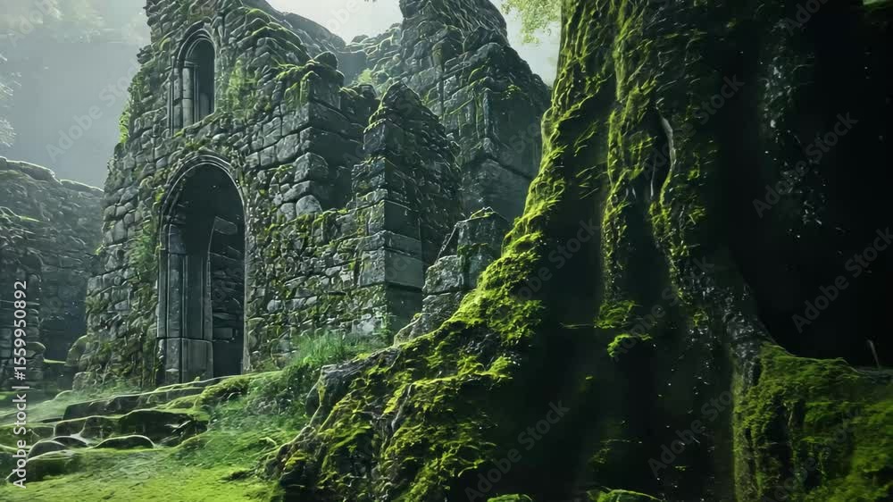 Poster ruined stone structure nestled beside an ancient tree in a foggy forest, ruined stone structure next
