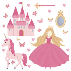 Princess, castle, mirror, unicorn, magic wand, clipart, vector. Suitable for decorating a child's room, sublimation