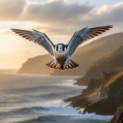 Majestic Peregrine Falcon Soaring Over Ocean Cliffs at Golden Hour