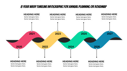 8 Year Wavy Timeline Infographic for Annual Planning or Roadmap. Fully Editable SVG for PowerPoint, Web, Illustrator, and most vector-based applications.