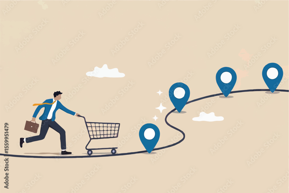 Poster flat cartoon vector illustration of a businessman running with a shopping cart along a path with loc
