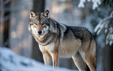 Obraz premium Majestic Wolf in Winter Forest, Intense Gaze and Detailed Fur, Portrait View