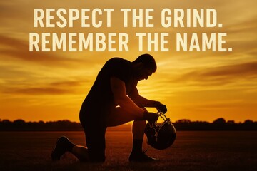 Silhouette of male football player kneeling at sunset, holding helmet with motivational text Respect the Grind. Remember the Name