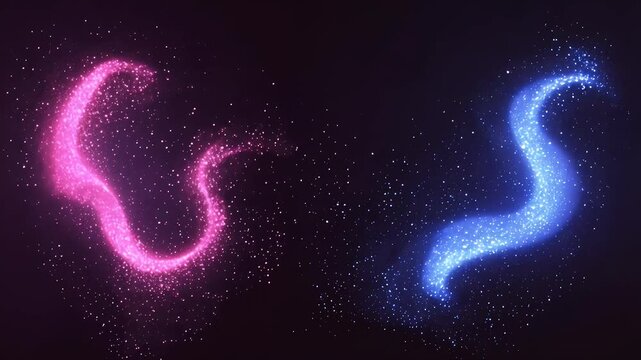 Abstract glowing swirls of pink and blue particles against a dark background