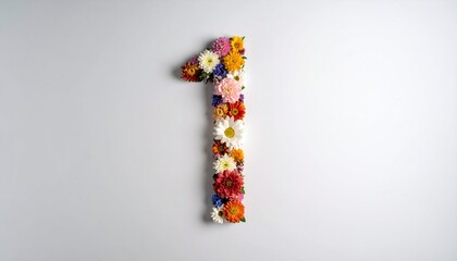 Number 1 made out of flowers with solid white background. Photo for first birthday or anniversary party