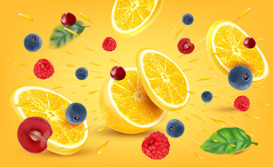 Fresh lemon splashing in the middle isolated on solid color background. Realistic vector in 3D illustration.