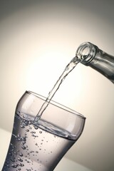 Pouring water from bottle into glass on gray gradient background, closeup