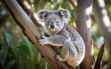 Adorable Koala Perched on Tree Branch, Smiling Directly at the Camera, Sunny Day
