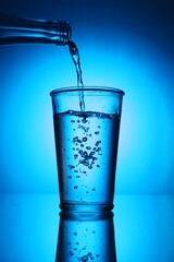Pouring water from bottle into glass on blue gradient background. Backlit
