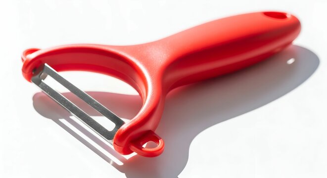 colored red sharp potato peeler in white kitchen background