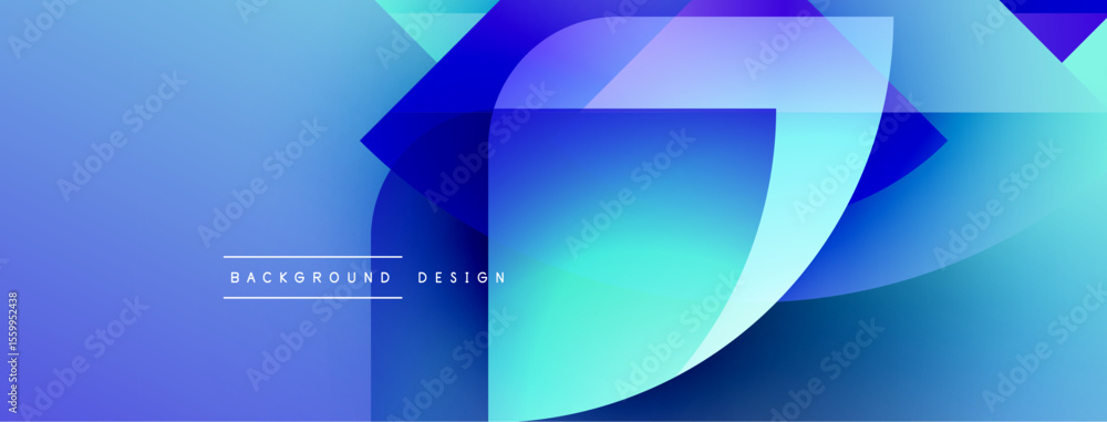 Poster Abstract blue gradients create dynamic shapes. Modern design features layered forms, smooth transitions, text reads background design.