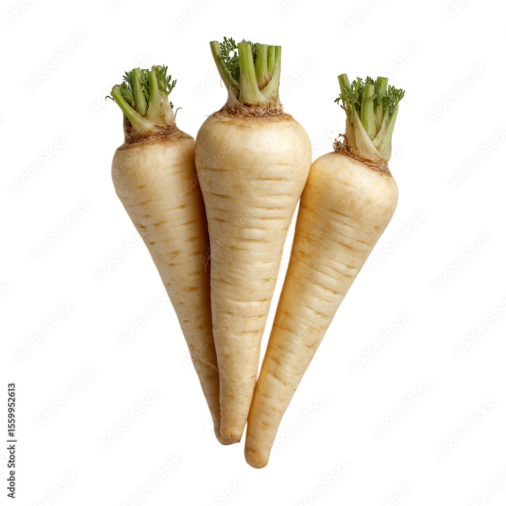 Poster three fresh parsnips with green tops arranged in a cluster isolated on transparent background