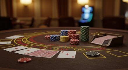 Blackjack table with chips and cards in a casino setting for gambling and entertainment
