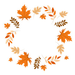 Colorful wreath of autumn leaves of maple, rowan, oak. Isolated on white background. Vector hand-drawn illustration. Warm shades of fall.