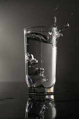 Fresh water splashing out of glass on mirror table against gray background