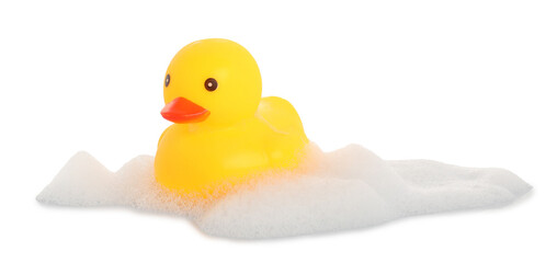 One cute rubber duck and foam isolated on white