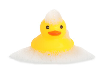 One cute rubber duck and foam isolated on white