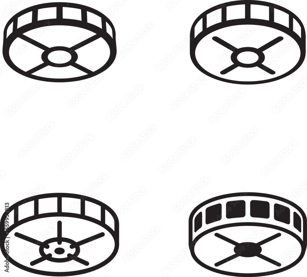 Aufkleber four abstract circular icons with spokes and segmented outer rims