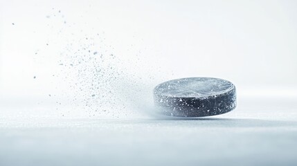 Close-up shot of a hockey puck with ice particles scattering on a white surface