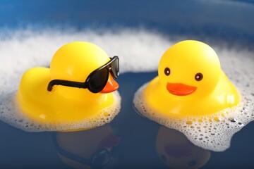 Cute rubber ducks floating in water with foam, closeup