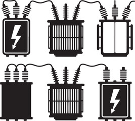 Set of black silhouette electrical transformers with lightning bolt symbols