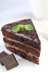 Piece of delicious cake, mint and chocolate on light table, closeup
