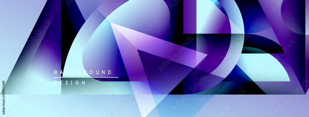Poster Abstract geometric shapes overlap, creating vibrant blue purple gradients. Text reads background design. Modern visual composition.
