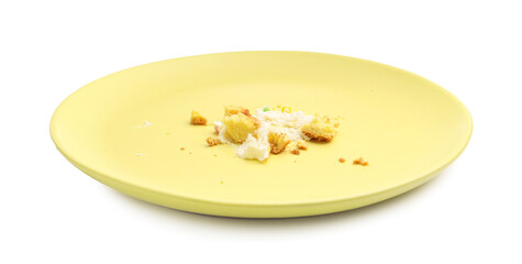 Dirty plate with crumbs and cream isolated on white