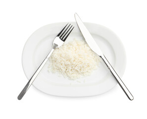 Plate with cooked rice and cutlery isolated on white, top view