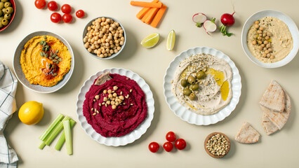  Different types of hummus in bowls and plates. Beetroot, pumpkin, chickpea and bean hummus. 
